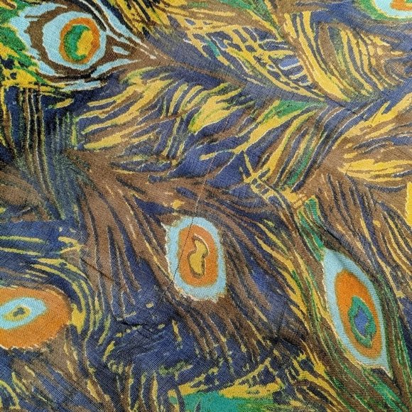 Cynthia Rowley Peacock Print Scarf Fringed Hem Loose Lightweight Fall Woven Bird - Picture 9 of 9